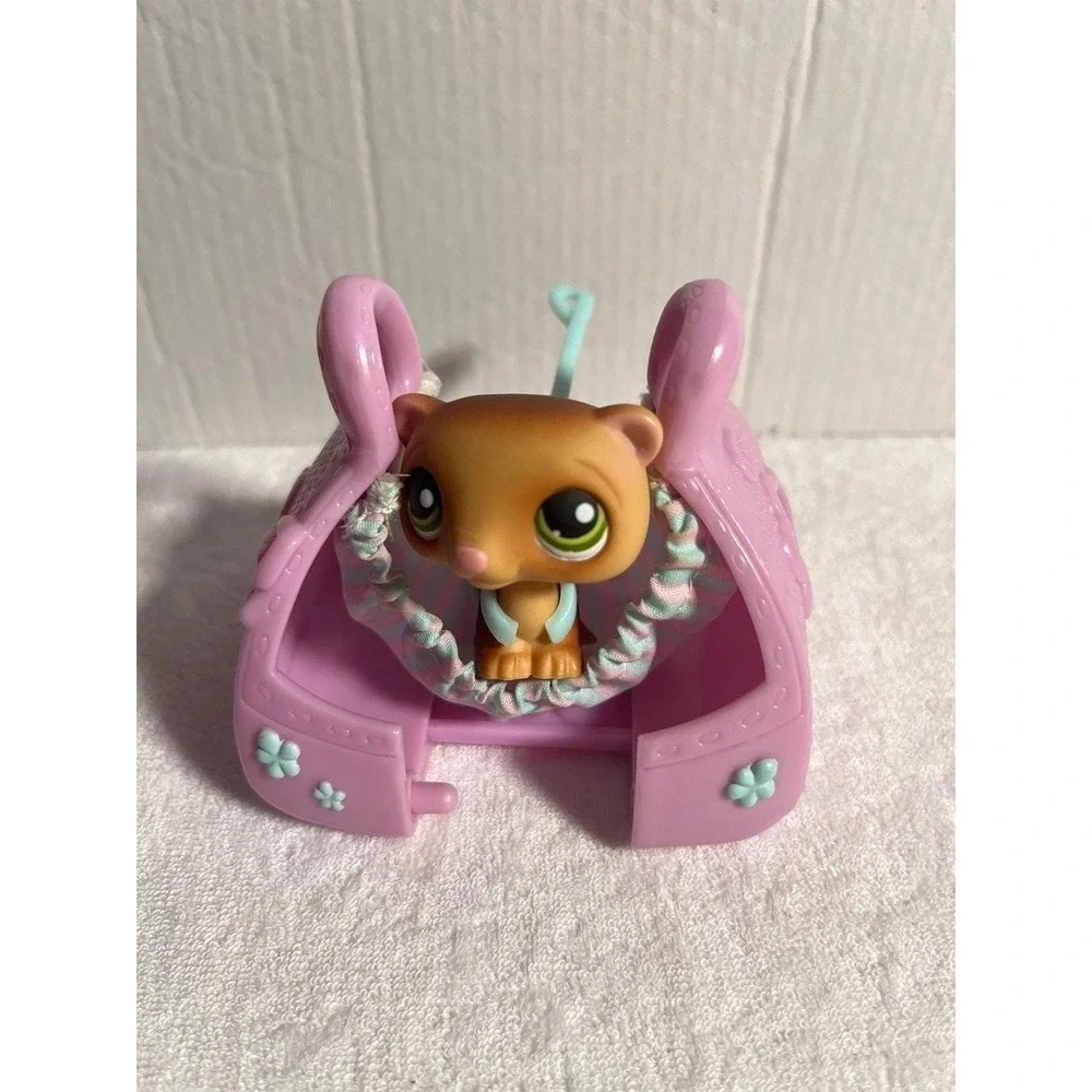 Littlest Pet Shop Ferret 482 Brown Green Eyes with Purple Carrier Accessory Set
